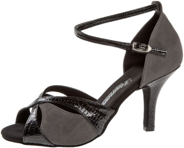 Black gray diamond dance shoes with a high heel. The material combination is very noble.